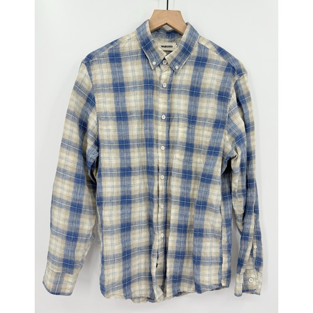 Taylor Stitch Shirt Mens Medium 40 Blue Beige Plaid 100% Linen Button Up - Picture 2 of 9